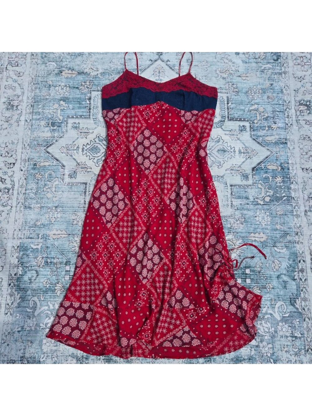 Vintage 90s Chiffon Maxi Sundress Plus Size 2X Red Bandana Print Blue Denim Lace